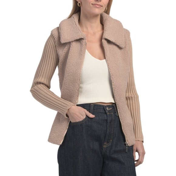 METRIC KNITS Camel Ribbed Knit And Faux Fur Coatigan - Picture 1 of 2